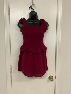 Pant Store Burgundy Smocked Tie-Shoulder Romper with Peplum